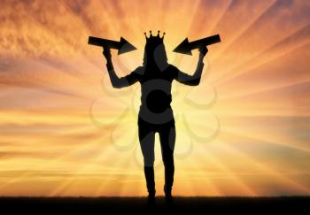 Silhouette of a selfish woman with a crown on her head trying to draw attention by holding pointer in her hands. The concept of a selfish and narcissistic personality