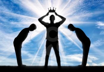 Concept of selfishness and narcissistic. Silhouette of a selfish man dresses his crown, and servants bow to him