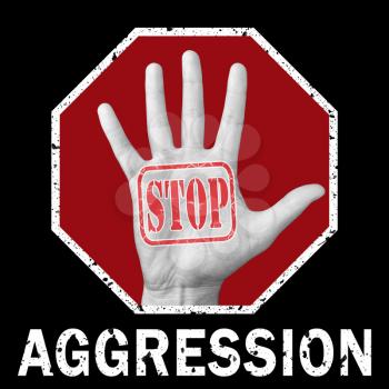 Stop aggression conceptual illustration. Global social issue. Open hand, with the text stop aggression. Global social problem