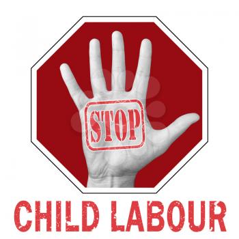 Stop child labor conceptual illustration. Open hand with the text stop child labor. Global social problem