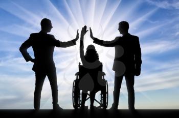 Disabled worker. Silhouette of a disabled woman in a wheelchair and her two colleagues make a hand gesture, give five