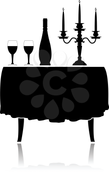 Silhouette romantic restaurant table with tablecloth, wine glasses, wine and candelabrum.