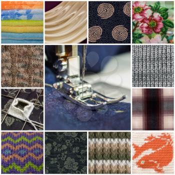 Collage of knitted fabrics and textures with the sewing machine in the center.