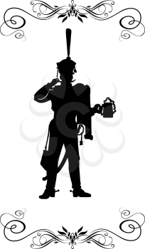 Silhouette of a Russian hussar, holding a mug of beer.