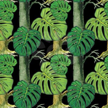 Seamless background. Watercolor trees and monstera leaves, drawn with colored pencils. Black background. Design for card, poster or wallpaper.