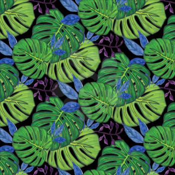 Seamless background. Watercolor monstera leaves, drawn with colored pencils. Black background. Design for card, poster or wallpaper.
