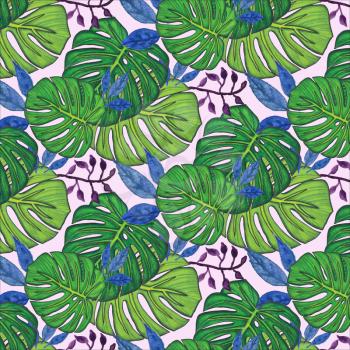Seamless background. Watercolor monstera leaves, drawn with colored pencils. Design for card, poster or wallpaper.