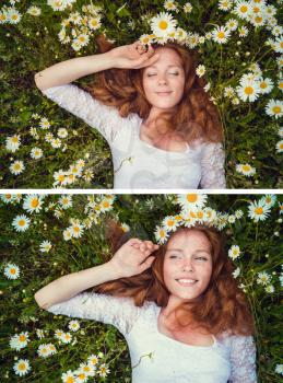 collage of Beautiful young girl with curly red hair in camomile field