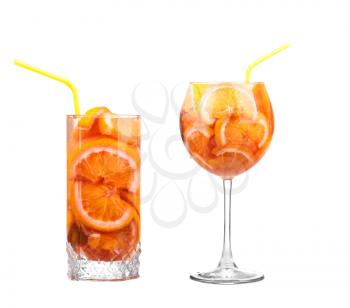 pitcher with a refreshing drink with lemon slices of orange and kiwi on white background