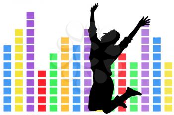 colorful musical equalizer and silhouette girl jumping