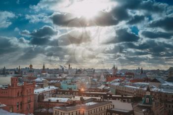Russia, Moscow cityscape. View from the roof of a house in the Central part of the city. Top view of Moscow city skyline