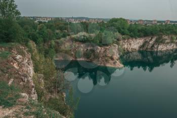 Overview of the green parks and the walled city of Krakow from a hill, Poland. Tvardovsky cliffs, former quarry