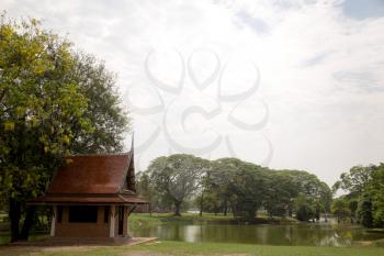Old Beautiful Thai Temple wat Mahathat, Ayutthaya Historical Park, Ayutthaya, Thailand. Green part of historical park
