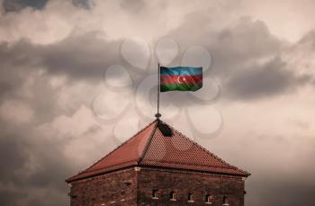 Closeup of grunge flag of Azerbaijan. Flag with original proportions