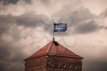 Flag with original proportions. Closeup of grunge flag of Greece