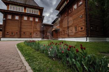 Wooden Palace of the Russian Tsar Alexei Mikhailovich Romanov in the spring cloud day in the Park of the Museum reserve Kolomenskoye
