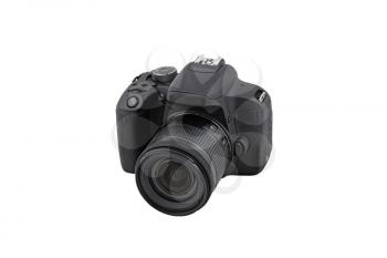 Black DSLR camera isolated on a white background. Studio shot for further processing