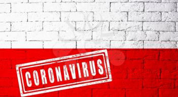 Flag of the regions of Germany Thuringia with original proportions. stamped of Coronavirus. brick wall texture. Corona virus concept. On the verge of a COVID-19 or 2019-nCoV Pandemic.