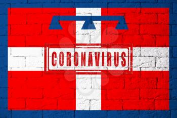 Flag of the regions of Italy Piedmont with original proportions. stamped of Coronavirus. brick wall texture. Corona virus concept. On the verge of a COVID-19 or 2019-nCoV Pandemic.