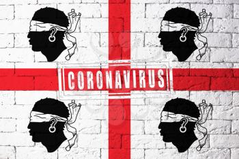 Flag of the regions of Italy Sardinia with original proportions. stamped of Coronavirus. brick wall texture. Corona virus concept. On the verge of a COVID-19 or 2019-nCoV Pandemic.