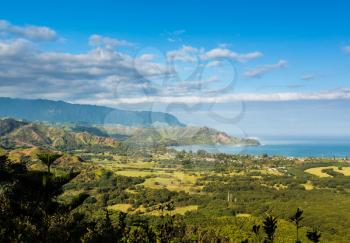 View over Hanalei bay and Na Pali range from Okolehao Trail near Hanalei, Kauai, Hawaii