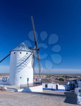 Preserved historic windmills on plain above Campo de Criptana in Castilla-La Mancha, Spain
