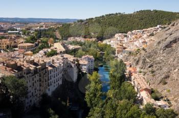 Aerial view of river and newer areas of town of Cuenca in Castilla-La Mancha, Spain, Europe