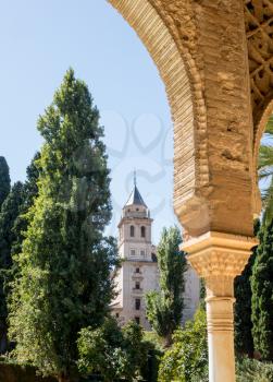 Gardens and Palacios Nazaries in Alhambra palace in ancient city of Granada in Andalucia, Spain, Europe