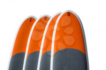 Row of four upright standup paddle boards or body boards, surf boards isolated against white background