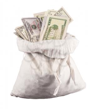 Thousands of US dollars pouring out of a cloth money bag onto a white background showing many currency notes or bills