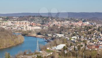 Panoramic skyline and cityscape of Morgantown, home of West Virginia University or WVU