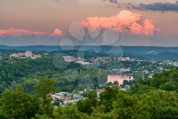 Sunset skyline and cityscape of Morgantown, home of West Virginia University or WVU
