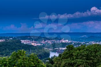 Dusk nightfall skyline and cityscape of Morgantown, home of West Virginia University or WVU