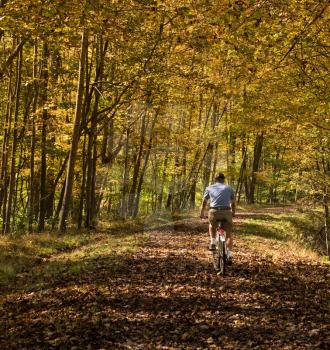 Senior adult caucasian man cycling away down a leaf covered Deckers Creek Rail trail near Morgantown in West Virginia