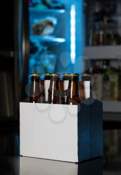 Six pack of brown beer bottles in plain white cardboard carrier with copy space on stainless steel kitchen or bar counter. Open fridge or refrigerator out of focus in rear.