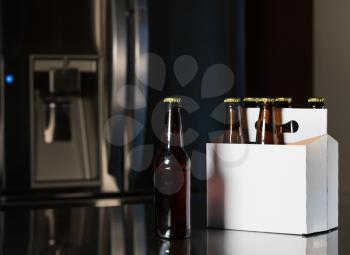 Six pack of brown beer bottles in plain white cardboard carrier with copy space on stainless steel kitchen or bar counter