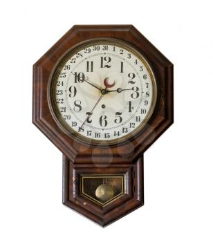 Isolated ornate and complex clockwork wall clock with date indication in Interior of Meeks Store in the national park at Appomattox Virginia