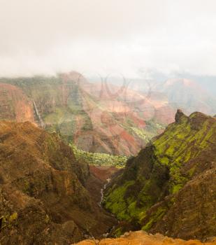 View into the Grand Canyon of the Pacific or Waimea Canyon island of Kauai in the Hawaiian islands