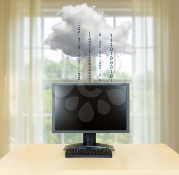 Concept image of a desktop monitor and keyboard connected to applications in the cloud computing internet with feeling of relaxation and zen
