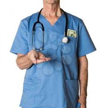 Senior caucasian doctor in scrubs asking for payment for healthcare in USA and isolated against white background