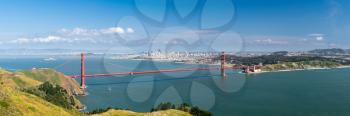 High resolution stitched panorama of the Golden Gate Bridge and San Francisco taken from Marin Headlands on clear spring day