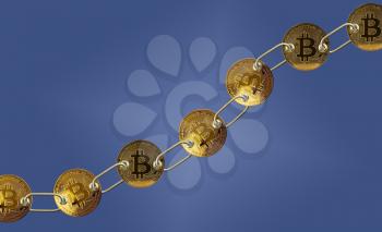Set of gold bitcoins linked by chain on blue background to illustrate concept of blockchain for supply chain management