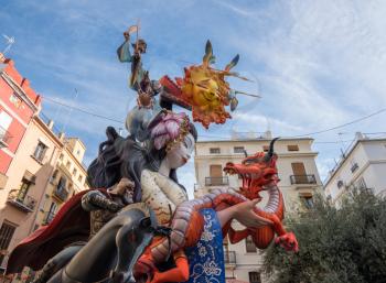 VALENCIA, SPAIN - MARCH 16, 2018: Complex statues known as Ninots in old city of Valencia during the Fallas Festival in March