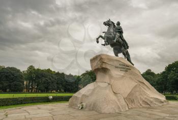 The Bronze Horseman statue in senate square in St Petersburg, Russia. The statue was completed in 1782.