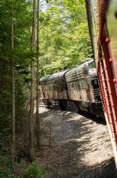 ELKINS, WEST VIRGINIA - JUNE 19, 2016: Tygart Flyer on steep trip into mountains of West Virginia by Durbin and Greenbrier Vallery Railroad