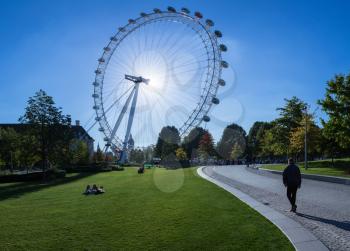 LONDON, UK - OCTOBER 1, 2015: London Eye or Coca Cola Eye on South Bank of River Thames in London England