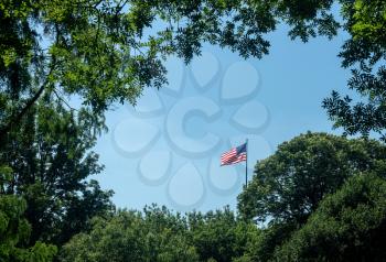 Wind blows the USA flag against blue sky inside a frame of green summer leaves