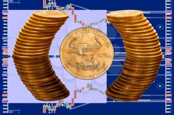 Single gold eagle coin with pure gold coins reflected in glass surface. Gives illusion of being surrounded by ring of gold with background of trading screen