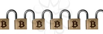 Chained set of locks linked into a chain to ilustrate the concept of Blockchain and Bitcoin