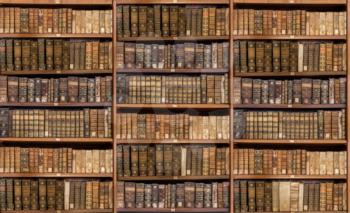 Defocused and blurred image of old antique library books on shelves for use in video conferencing background